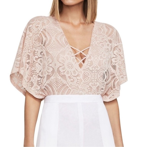 BCBG Maxazria Beats Flutter Sleeve Lace-Up Front Lace Bodysuit - Picture 1 of 16